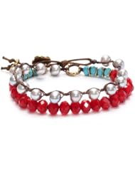 Love Heals Tegan, Red Braided Grey Pearls, Glass, and Turquoise with Yellow Bronze Charms Bracelet