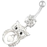 14Gauge (1.6mm), 3/8" Inch (10mm) Owl Clear Swarovski Crystal Ferido dangle belly dangling navel button ring dangly bar AFER - Pierced Body Piercing Jewelry