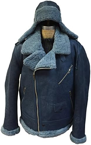 Jakewood Men's Winter Sheepskin Jacket with Sheepskin Hat (Large, Navy)