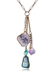 Annie Hammer Jewelry Fluorite, Mystic Green Quartz, Amethyst and Quartz Cluster Necklace, 15"