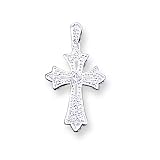 14k White Gold Filigree Fleur de lis AA Diamond Cross Pendant