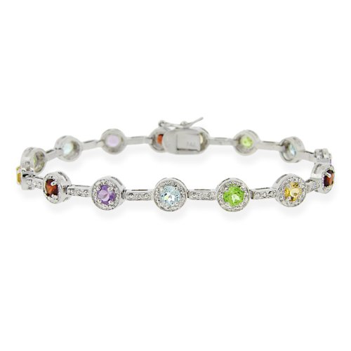 Sterling Silver Genuine Garnet, Amethyst, Citrine, Blue Topaz, and Peridot Diamond Accent Tennis Bracelet