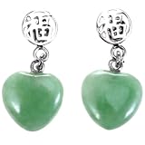 Handmade Green Jade Heart Shaped Drop Earrings With Sterling Silver Chinese Symbol of Prosperity