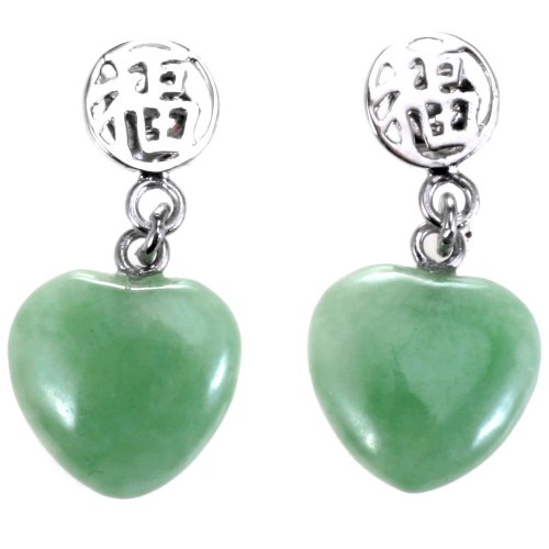 Handmade Green Jade Heart Shaped Drop Earrings With Sterling Silver Chinese Symbol of Prosperity