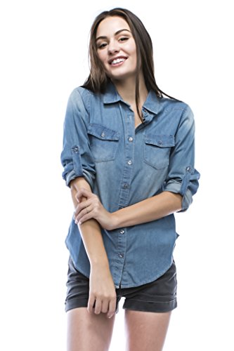 Noble U Chambray Button Down Denim Shirt with Roll-up Sleeves (Small, Med Blue Wash)