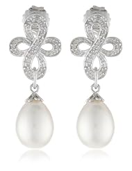 Sterling Silver Freshwater Cultured Pearl and Diamond Earrings, (0.1 cttw, G-H Color, I3 Clarity)