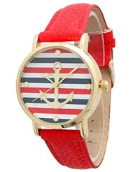 Womens Geneva Multi Color Striped Anchor Leather Watch - Red
