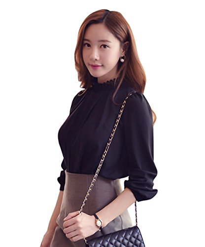 【 UN ANANAS 】 エレガント ハイネック 長袖 シフォン カットソー ブラウス レディース 通勤 通学 ブラック ホワイト ベージュ カーキー ３色 春