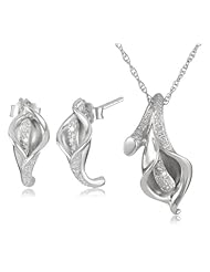 Sterling Silver Calla Lily Diamond Earrings and Pendant Necklace with Box (1/10 cttw, I-J Color, I2-I3 Clarity), 18"