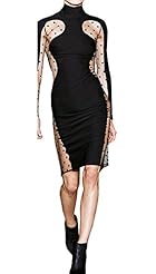 Long Sleeves Polka Dot Print Cotton Sheer Mesh Lace Asymmetric Bandage Dress/Club Dress/Party Dress 