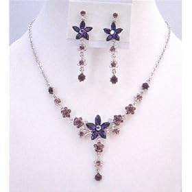 Amethyst Crystals Light & Dark Necklace Set Flower Design Jewelry Set (BRAND NEW)