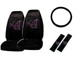 5-Piece Butterfly Purple Auto Interior Gift Set- A Set of 2 Universal Fit Seat Covers, 1 Steering Wheel Cover, and 2 Shoulder Pads