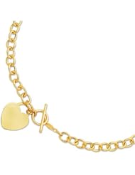 14K 17" Yellow Gold Polish Diamond Cut Round Chain Link Necklace With Heart And Toggle Lock