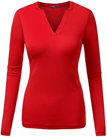 Doublju Womens Basic Long Sleeve Open Slit Rayon Neckline T-shirts Red X-Large