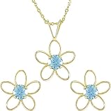 14k Yellow Gold Blue Topaz Set of Flower Earring and Pendant with Chain
