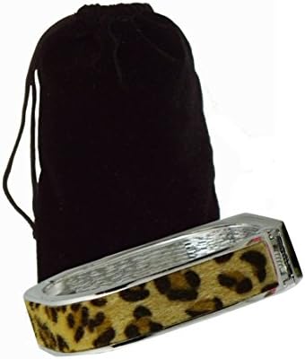 Fuzzy Faux Fur Leopard Silvertone Square Round Hinged Cuff Bangle Bracelet