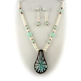Murano Glass Aqua Flower Pendant Freshwater Pearls Sterling Silver Necklace Earrings 1310