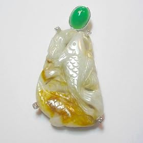 14K White Gold Carved Jade, Chrysoprase and Diamond Pendant by 