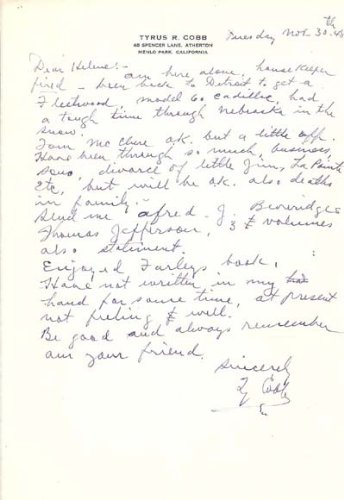 Ty Cobb Autographed/Hand Signed Hand Written Letter JSA #X18367