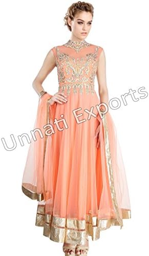 Unnati Women's Net Floor Touching Sleeveless Golden Work Readymade Anarkali Suit Large - 38" Multicolor