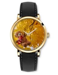 SPRAWL Aanalog Fashion Series Gold Ladies Watches of Genuine Black Leather Strap,Unique Wrist Watch for Women Girls Designed with Bear in tree yellow leaves