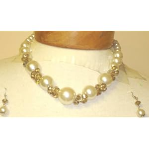 One Strand Large Simulated Ivory Pearls Separated By Gold Plated Beads Crystals Short Chain...