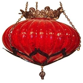 Red Handblown Crackle Glass Lantern