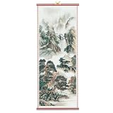 Asian Mountain Top in a Foggy Mist Rattan Scroll Picture Decor