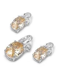 Sterling Silver Champagne CZ Round Stud Style Fancy Bail Earring & Necklace Set