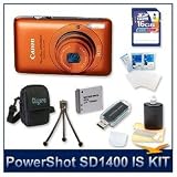 Canon PowerShot SD1400 IS Digital ELPH (Orange) 4182B001, 14.1 Megapixel, 4x 28-112 mm Zoom Lens, 2.7 LCD, DIGIC 4 Image Processor, 720p HD Video with HDMI Output, 16 GB Memory Card, Reader, Battery, Tripod, Camera Case, Screen Protectors, and More