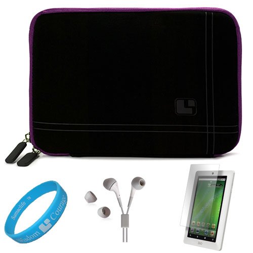Black with Purple Edge Premium Nubuck Neoprene Sleeve Carrying Case with Exterior Zippered Accessory Pocket for Creative Ziio 7-Inch Android 2.2 Wireless Entertainment Tablet fits (8GB, 16GB) + Clear Screen Protector + White Headphone + SumacLife TM Wisdo