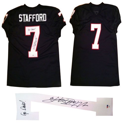 Signed Matthew Stafford Black Georgia Bulldogs Jersey PSA DNA Stafford is the former Georgia star Quarterback, who became the #1 overall 2009 NFL Draft Pick of the Detroit Lions. PSA/DNA authenticated. Hologram # verified on PSA's website. PSA/DNA is the world's leading authenticator of autographs. Stafford also inscribed GO DAWGS on jersey. Georgia is known as the Bulldogs. Autographed on October