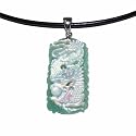 Sterling Silver White Mother-of-Pearl Dragon on Green Jade Pendant w/ Leather Cord, 18"