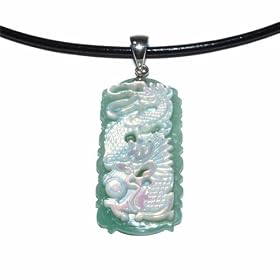 Sterling Silver White Mother-of-Pearl Dragon on Green Jade Pendant w  Leather... by Amazon.com Collection