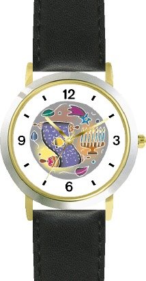 Torah Scroll & Menorah Plate Judaica Jewish Theme - WATCHBUDDY® DELUXE TWO-TONE THEME WATCH - Arabic Numbers - Black Leather Strap-Size-Large ( Men