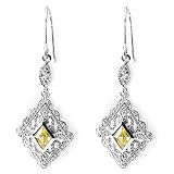 Solid Sterling Silver Cubic Zirconia Rhodium Plated Earring with Square Shape Citrine Color Cubic Zirconia Stone