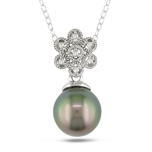 Sterling Silver Tahitian Cultured Pearl and Diamond Fashion Pendant Necklace, (.03 cttw, G-H, Color, I2-I3 Clarity), 18"