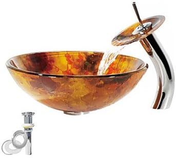 Tempered Glass Vessel Golden Sink With Waterfall Faucet ,Pop - Up drain and Mounting Ring