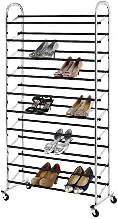 10 Tier Shoe Tower Rack,Kissemoji Shoe Rack Chrome Metal 50 Pair Free Standing (silver)
