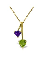 14k Solid Gold 18" Necklace with Peridot & Amethyst Hearts