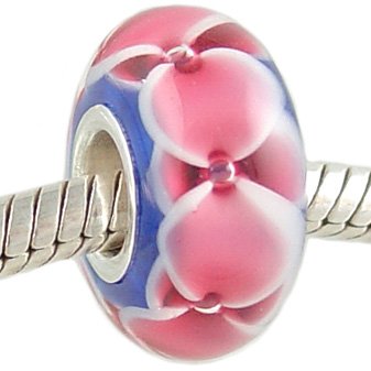 Murano Style Glass Rosy Ring on Cobalt .925 Silver Core European Bead Charm