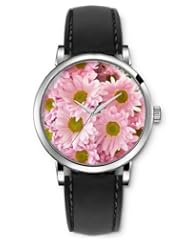 SPRAWL Aanalog Fashion Series Silver Ladies Watches of Genuine Black Leather Strap,Unique Wrist Watch for Women Girls Designed with pink daisies