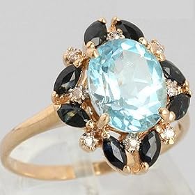 14K Yellow Gold Blue Topaz, Sapphire and Diamond Ring, Circa 1960 by 