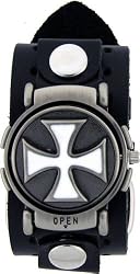 Flip Top Steel Cross White Trendy Design Round Steel White Case Punk Rocker Biker Black Wide Leather Band Wrist Watch
