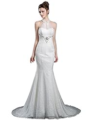 Sexy Satin Mermaid  Beaded  Lace-Up Halter  Dress with a Court Train  With Rhinestones and Pearls