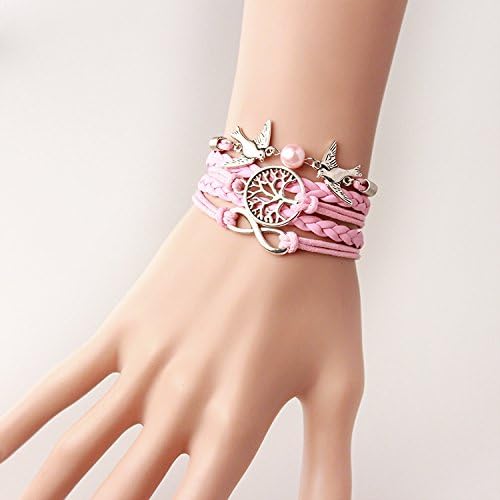 Wandafull Eternal Tree of Life Pink Pearl Bird Leather Cuff Bracelet Diy Handmade Pink