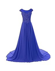 Scoop Neck Cap Sleeves Chiffon Sheer Lace Open-Back Evening Dress/Prom Dress 