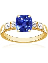 14K Yellow Gold Cushion Cut Blue Sapphire Ring With Sidestones (GIA Certificate)