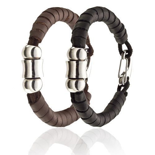 Mens Buffalo Leather & Stainless Steel Cuff Bracelet with large Lobster Stainless Steel Clip fasten. Funky, with strips of Lather coiled around the Cuff, Classic Center Rings and bar details in Vibrant silver of stainless Steel Great Wristband Gift for Me