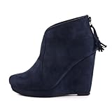 Damen Schuhe, STIEFELETTEN, KEIL WEDGES PLATEAU BOOTS, PD9015, Synthetik in hochwertiger Wild Leder Optik, Blau, Gr 37